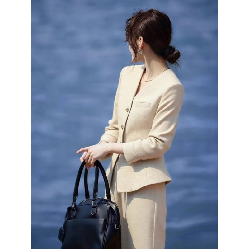 Waist-grabbing Beige Coat And Wide-leg Pants Set