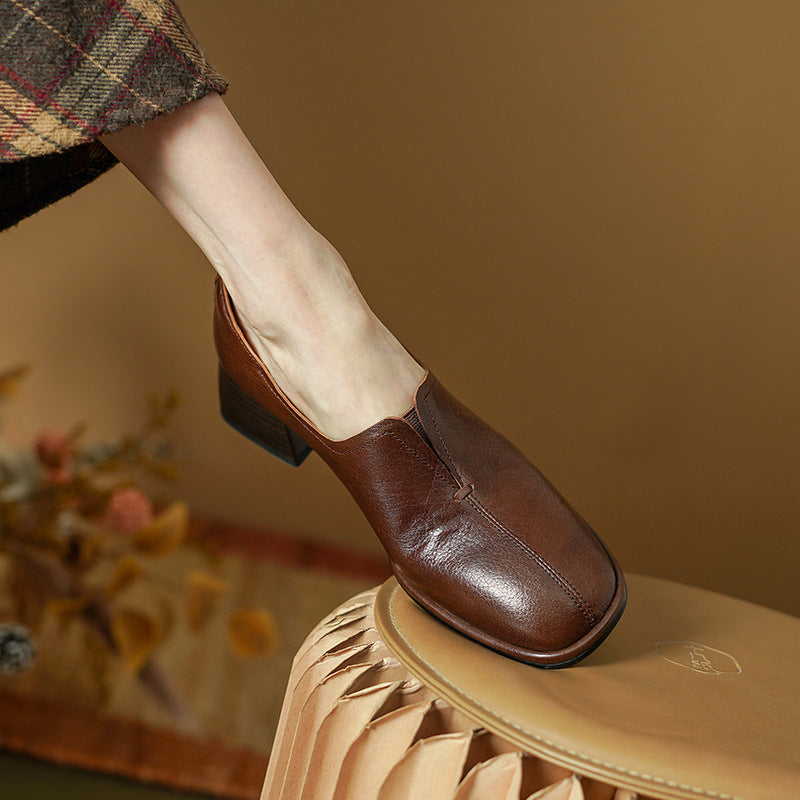 Cowhide Round Head Chunky Heel Deep Mouth Mid-heel Shoes