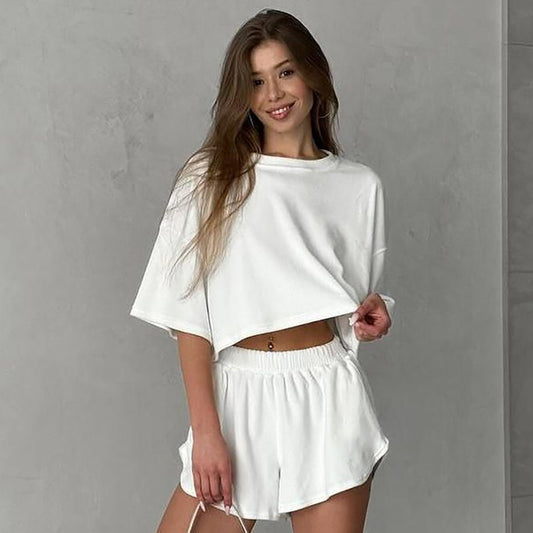 Summer Solid-color Cropped Top And Shorts Loungewear
