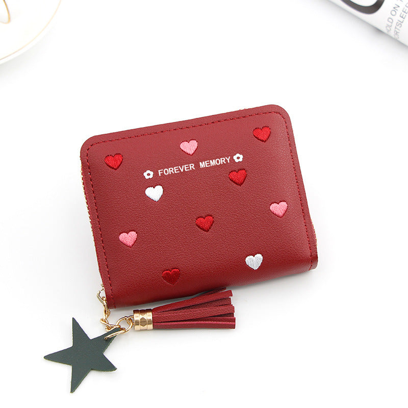 Embroidered Love Korean Women's Wallet Short Clutch Little Girl Coin Purse Women's Zipper Bag Card Holder Card Case
