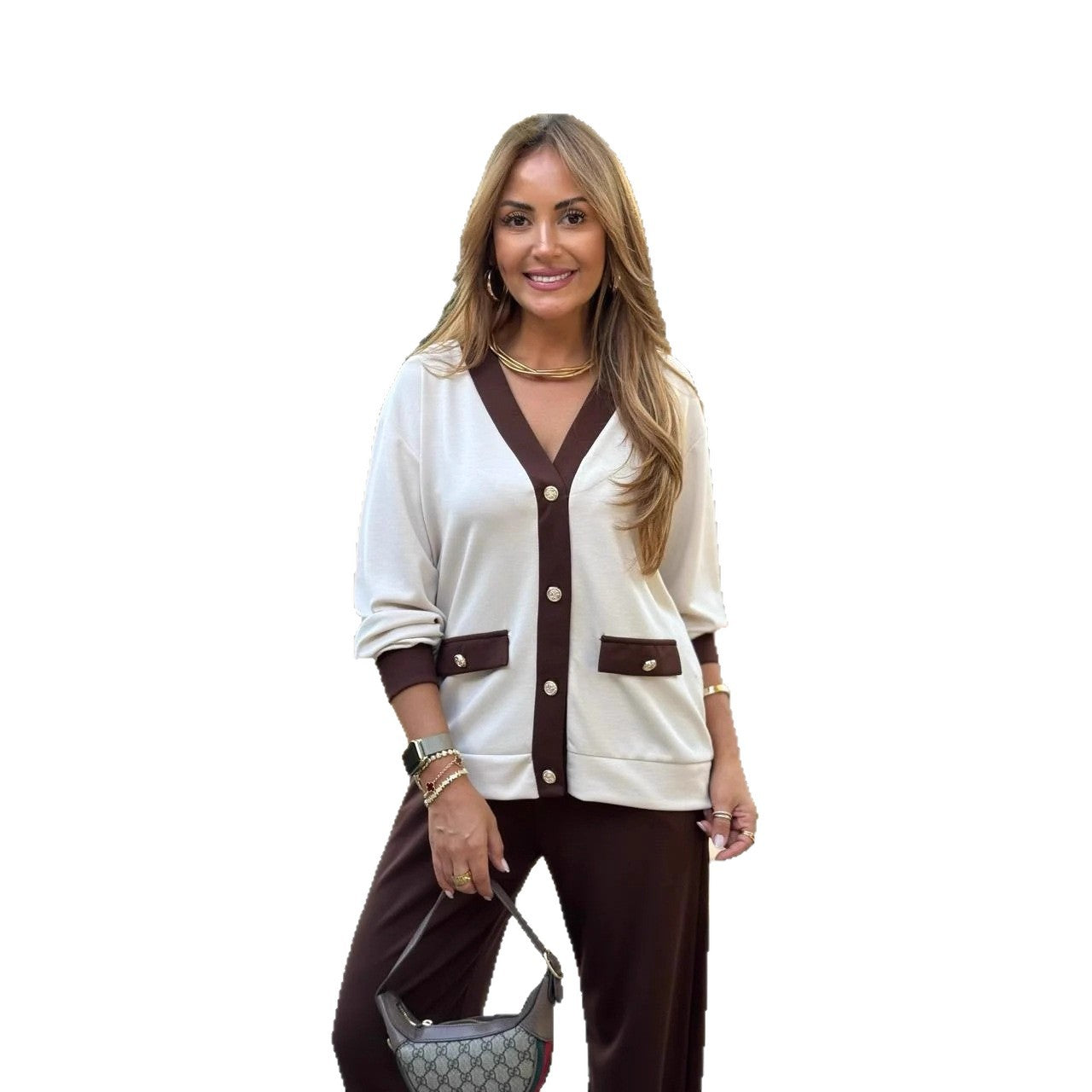 New Coat Casual Contrast Color V-neck Knitted Cardigan Long-sleeve Suit