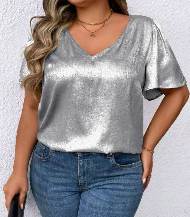 Loose-fit V-neck Solid-color Short-sleeve Top