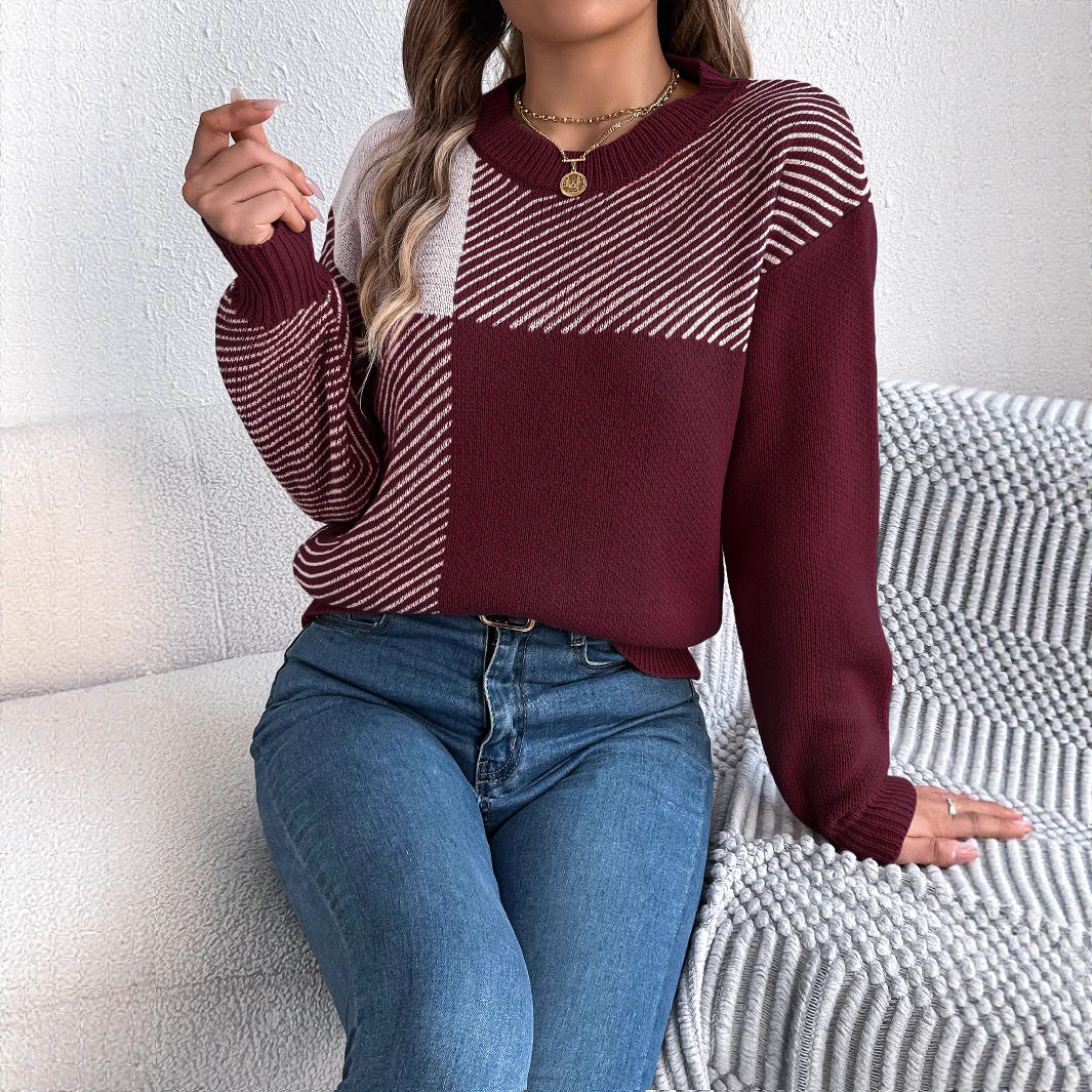 Casual Color-Block Plaid Long-Sleeve Pullover Sweater