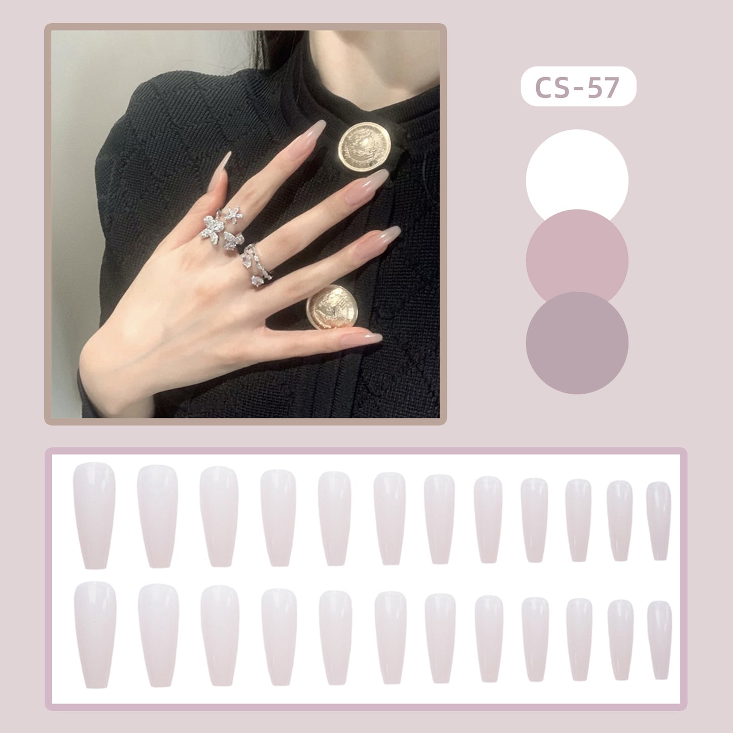 CS-57 Long Ballet Jelly White Fake Nail Tip Wear Nail Stickers Finished Product 24 Pieces