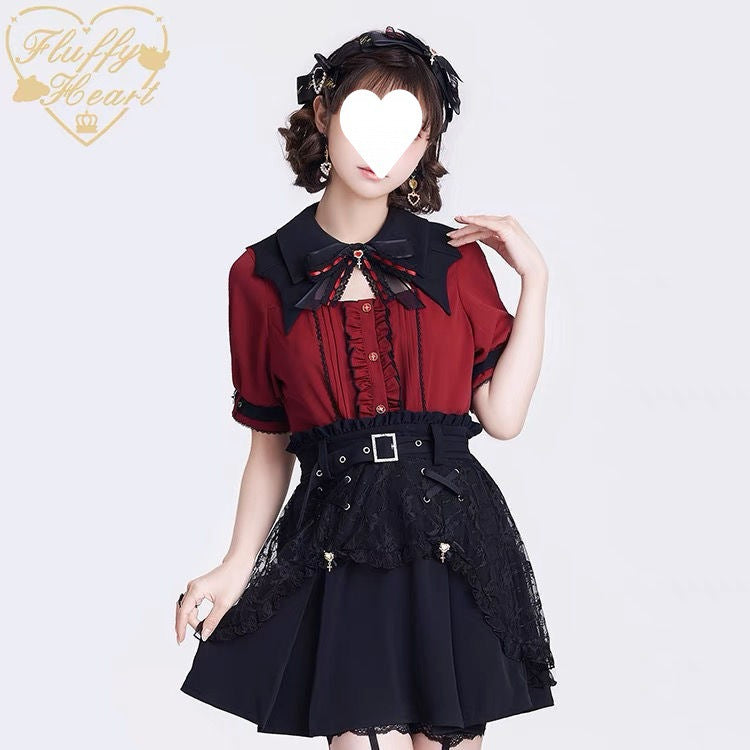 Send Bow Blood-sucking Ji Japanese Style Lace Hollow Bat Collar Short Sleeve Long Sleeve Shirt Two-color