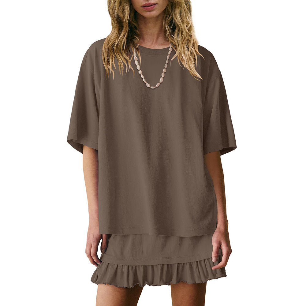 Women's Casual Two-piece Set Crew-neck Short-sleeve Top And Skirt