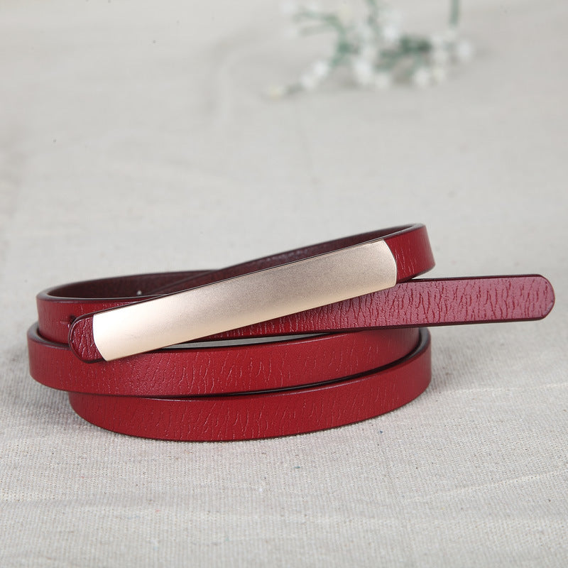 Female leather alloy smooth buckle two-layer leather fine belt
