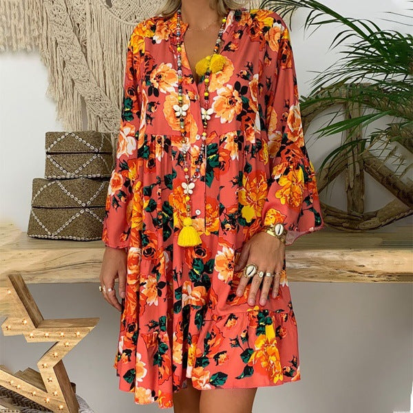Printed Pointed Collar Button Ruffled Loose Dress