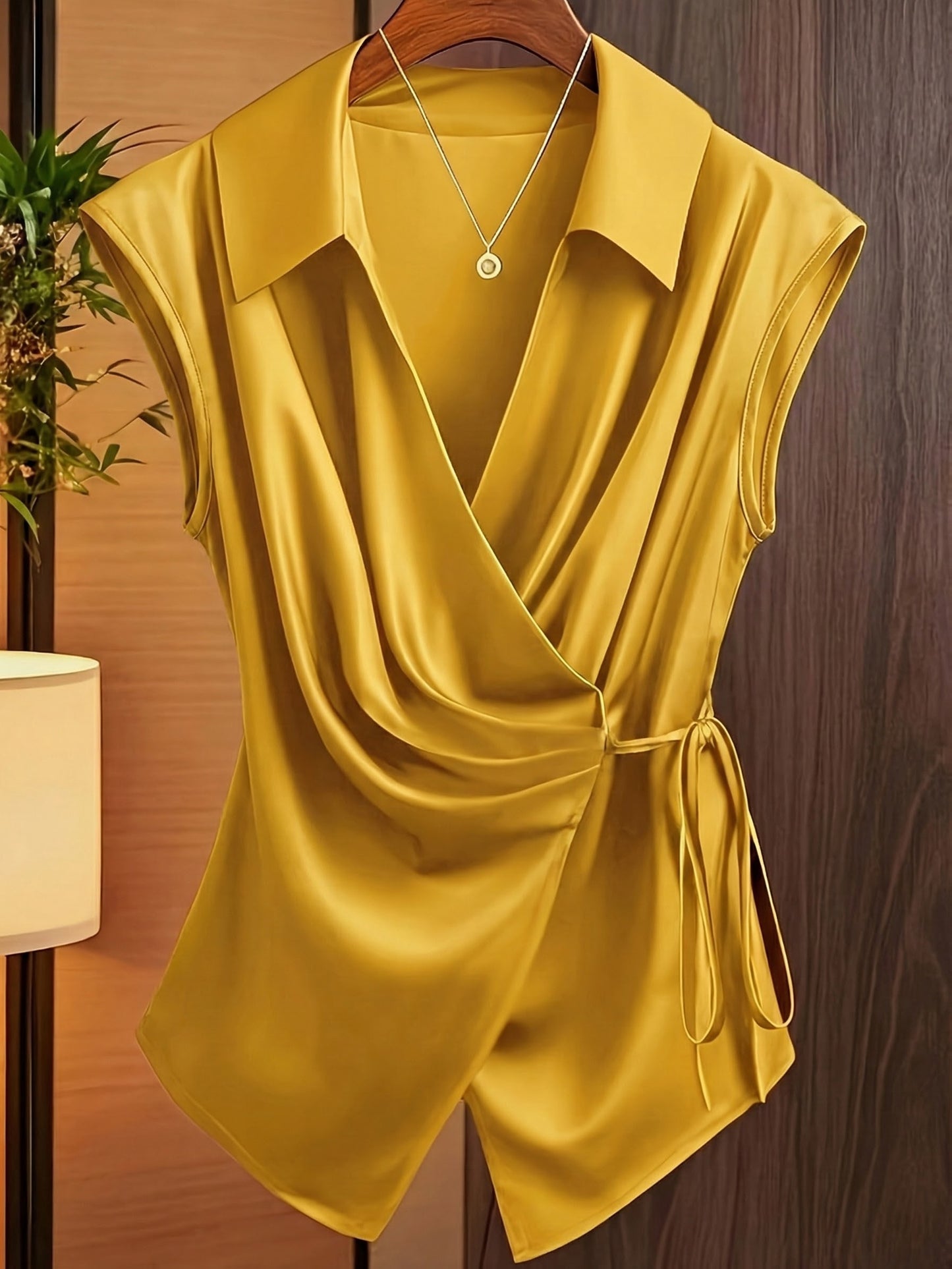 Womens Notched Collar Irregularly Tied Waist Sleeveless Shirt