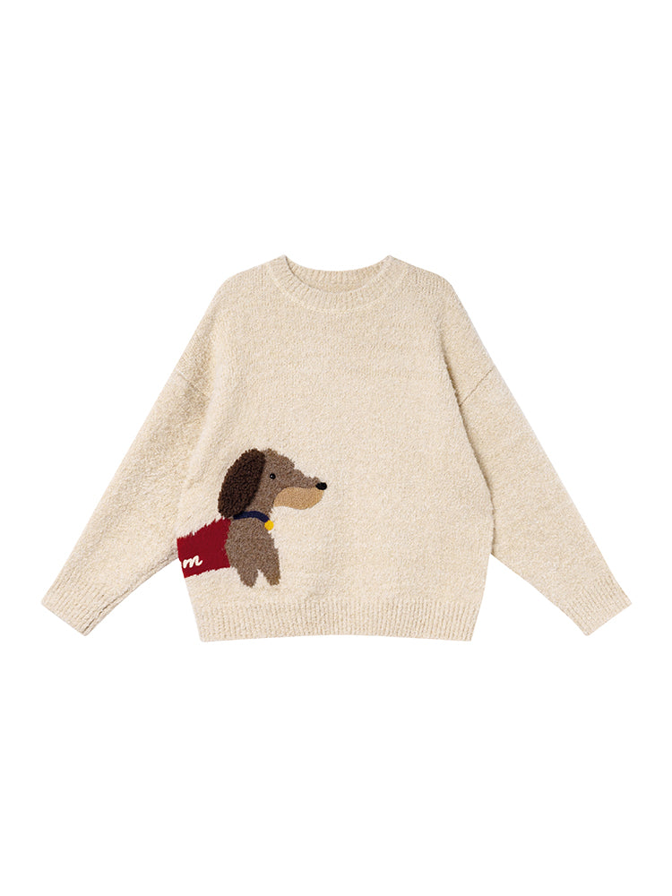 Dog Jacquard Retro Crew Neck Pullover Sweater