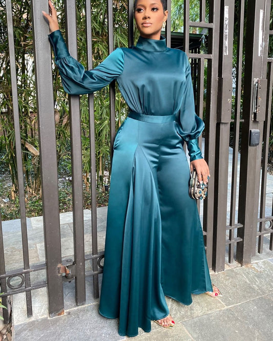 African Women's Fashion Temperament Horn Stretch Satin FabricJ Umpsuit
