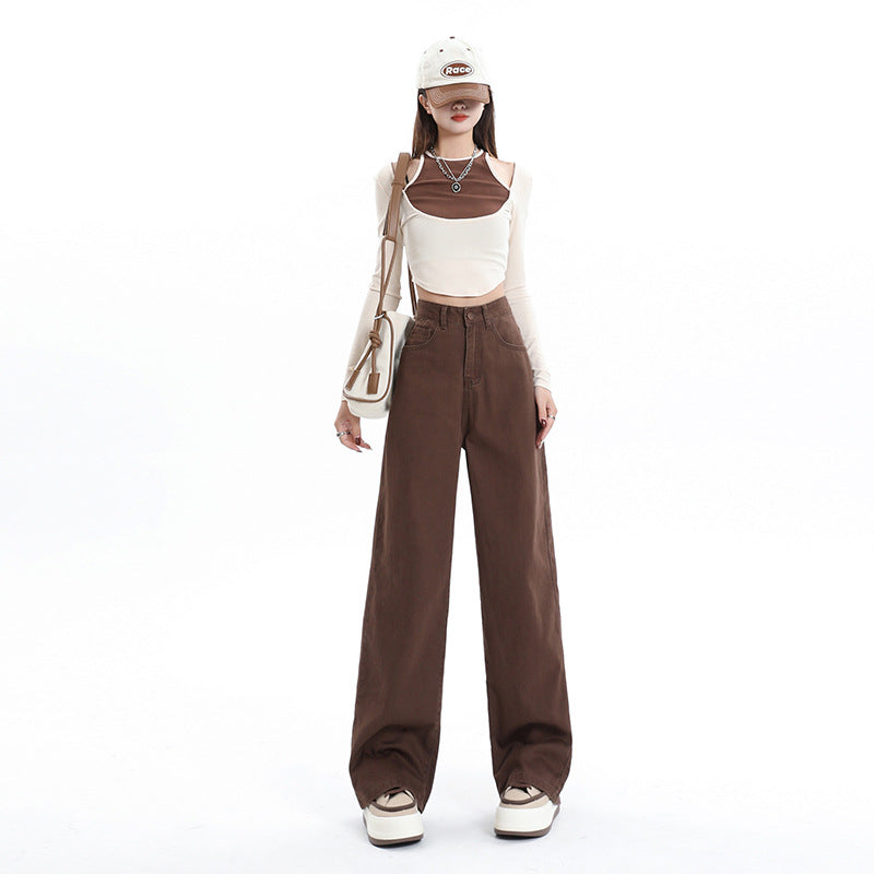 Retro Brown High Waist Straight Pants Women's Wide Leg Mop Pants