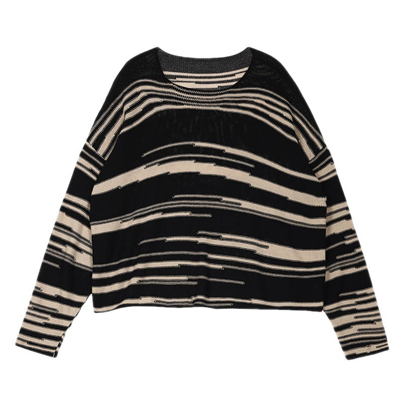Dovne Strikvarer Tynd Dame Løs Stribet Sweater med Rund Hals