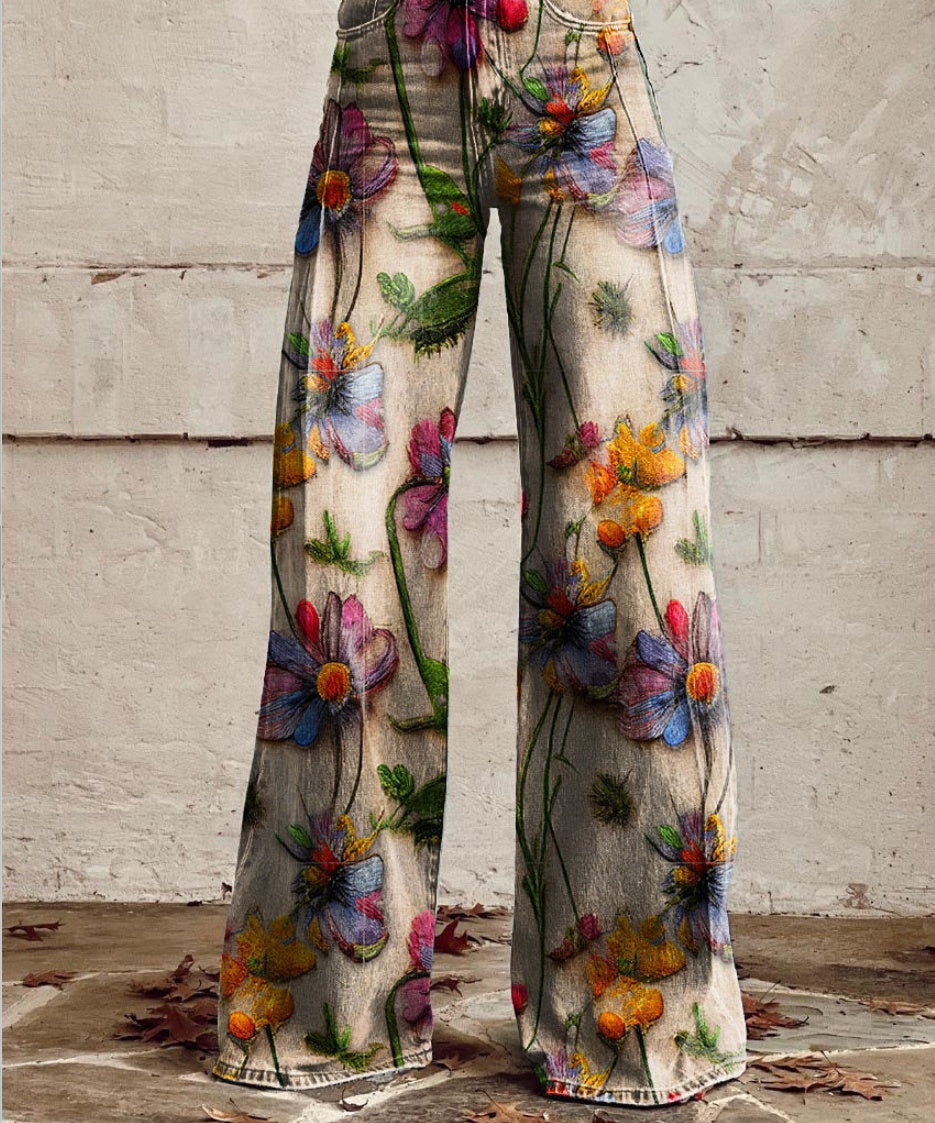 printed Retro Sunflower Guitar Art-style Womens Wide-leg Flared Denim Jeans 3D