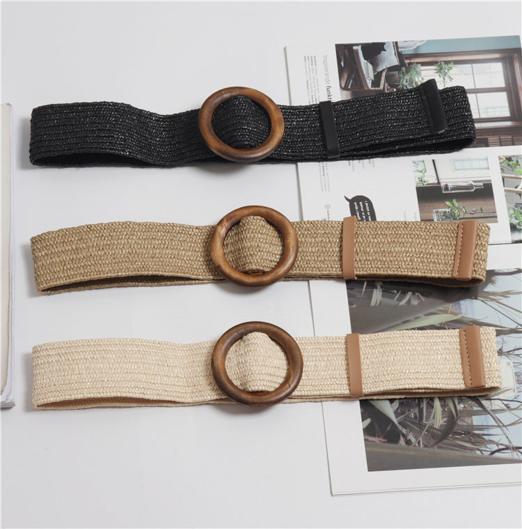 Woven round buckle belt with bohemian wax rope