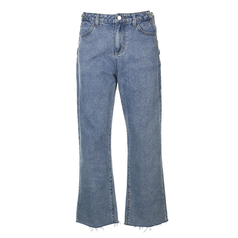 Irregular split hole high waist jeans