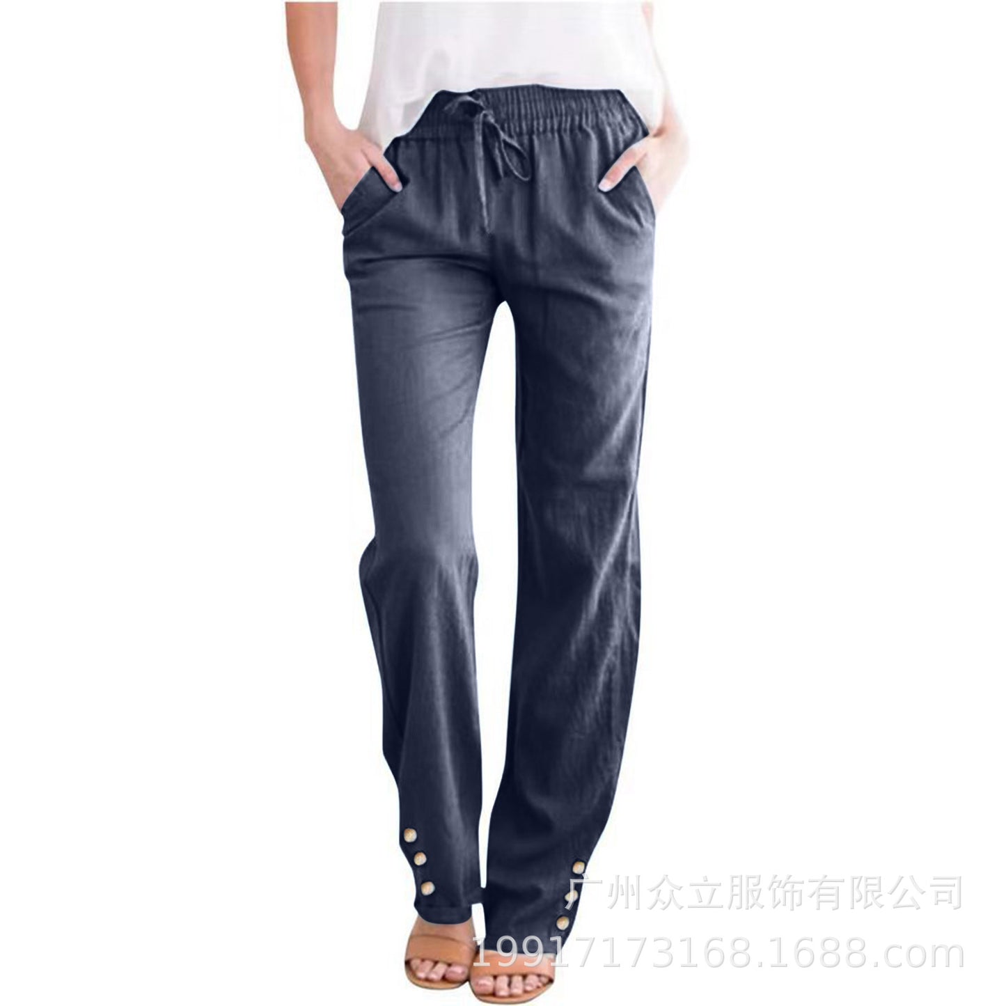 Solid Color Cotton And Linen Loose Drawstring Button Casual Wide-leg Trousers