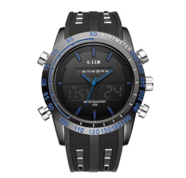 Ur til mænd i silikone med LED dobbelt display quartz, 30 meters vandtæthed, forretnings-, fritids- og sportsur