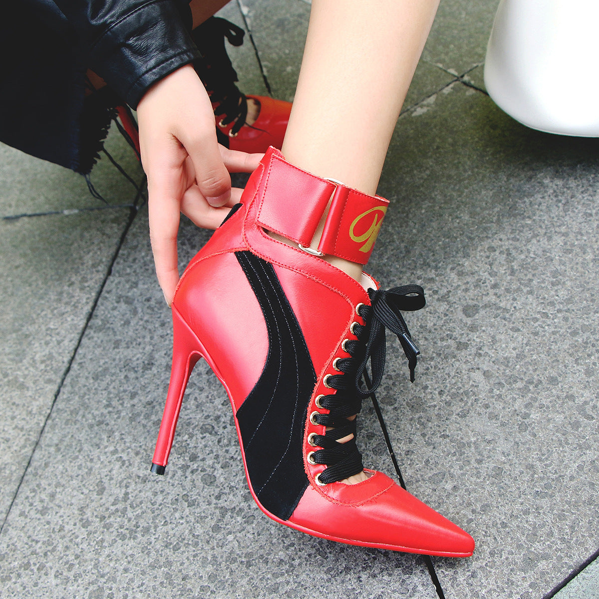 Lace-up pointed stiletto high heel women's boots