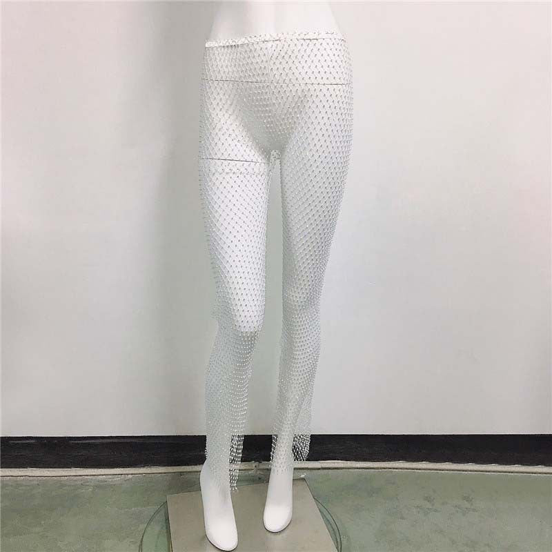 Sexy Fishnet Slit Pants Rhinestone Mesh Stretch Leggings