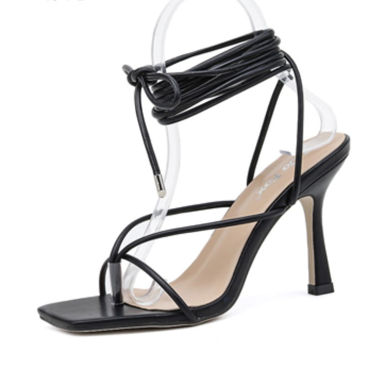 Square Toe Sexy Solid Color Simple Lace Roman High Heel Sandals