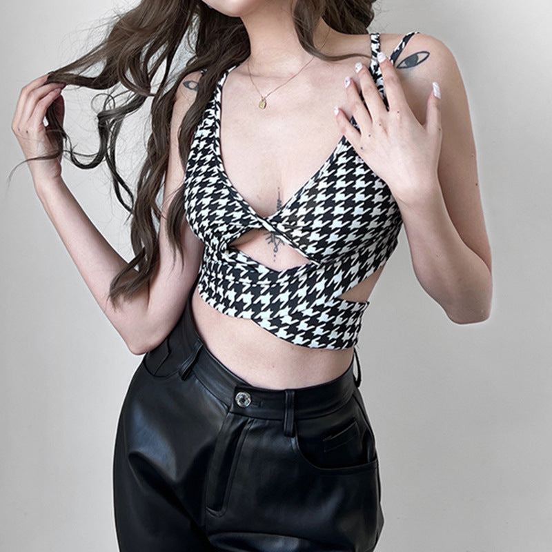 Houndstooth Print Lace-Up V-Neck Slim Back Slim Tank Top