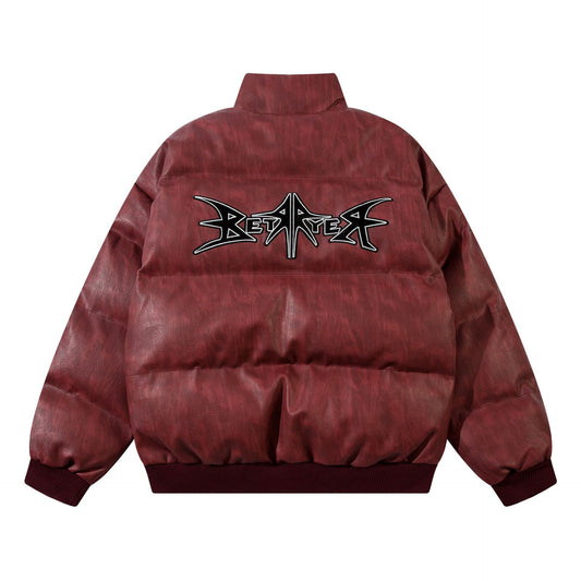 American Retro PU Leather Bread Coat Veneer Embroidery Thickening Cotton Coat Jacket