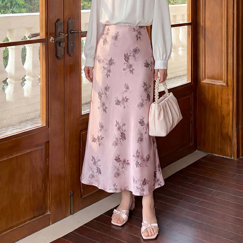 Rose Printed Satin A-line Skirt