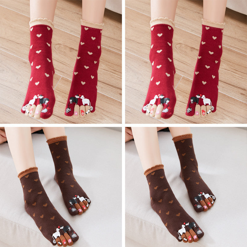 Autumn and Winter Cotton Five-finger Socks Women's Tube