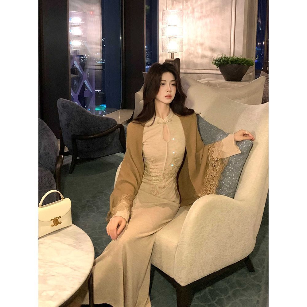 Stand Collar Embroidered Knitted Long Dress Cardigan Coat Women