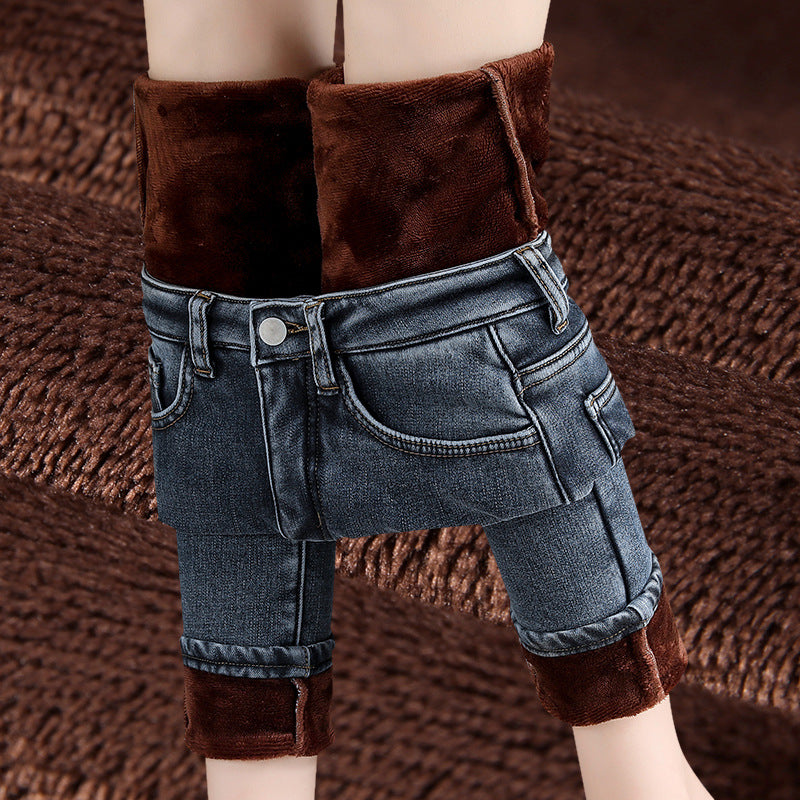 Women's New Net Red High-waisted Velvet Jeans