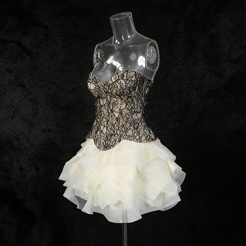 Heavy-embellished Tube Top Solid-color Bubble Skirt For Women