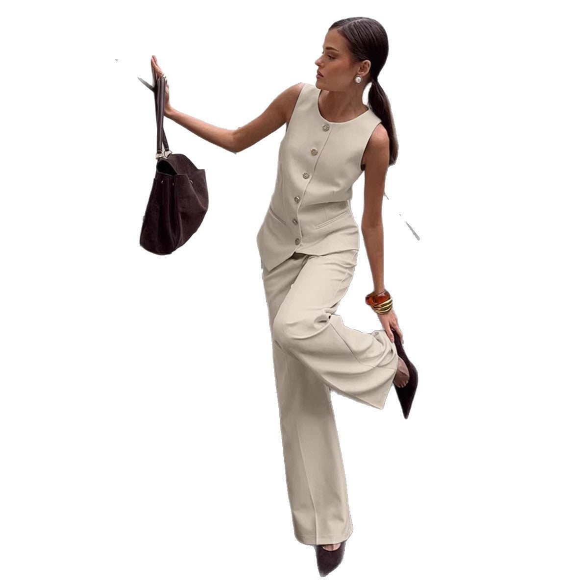 Elegant Commuter Vest And Wide-Leg Pants Two-Piece Set