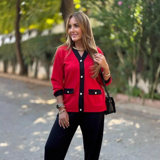 New Coat Casual Contrast Color V-neck Knitted Cardigan Long-sleeve Suit