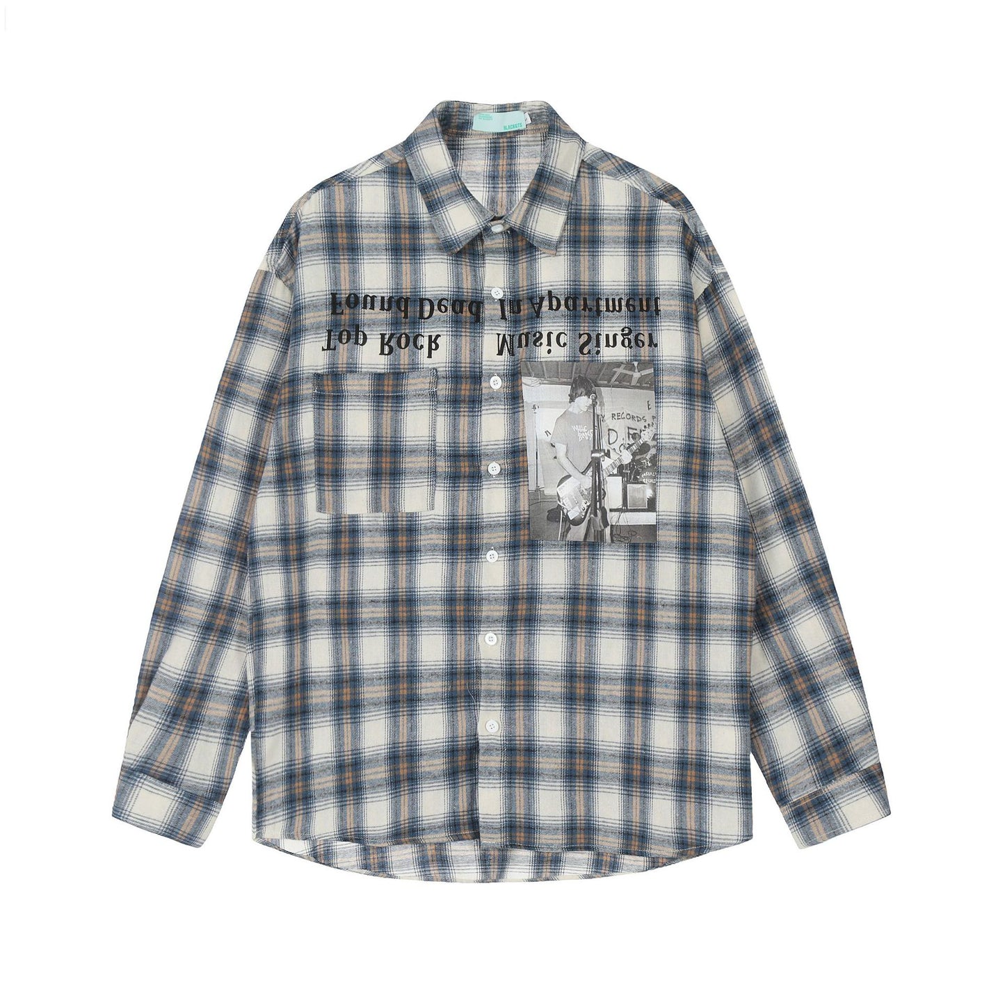 Character Letter Printed Long Sleeve Plaid Shirt Fashion Brand Stand Collar Plaid Shirt