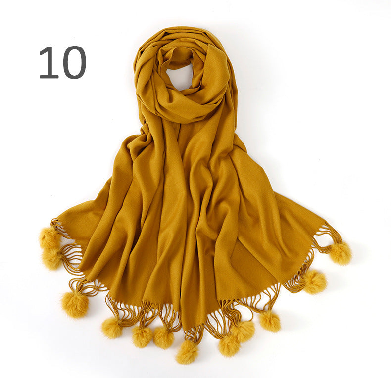 Pure color rabbit fur ball cashmere scarf