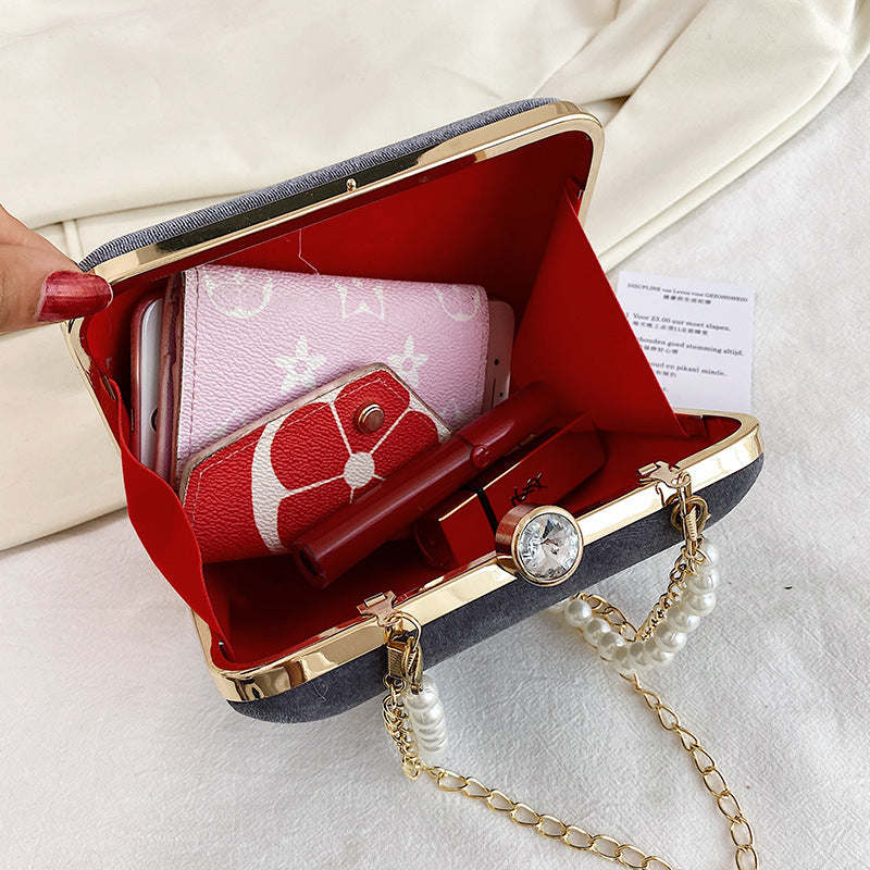 Fashion Red Velvet Pearl Chain Thin Chain Female Bag