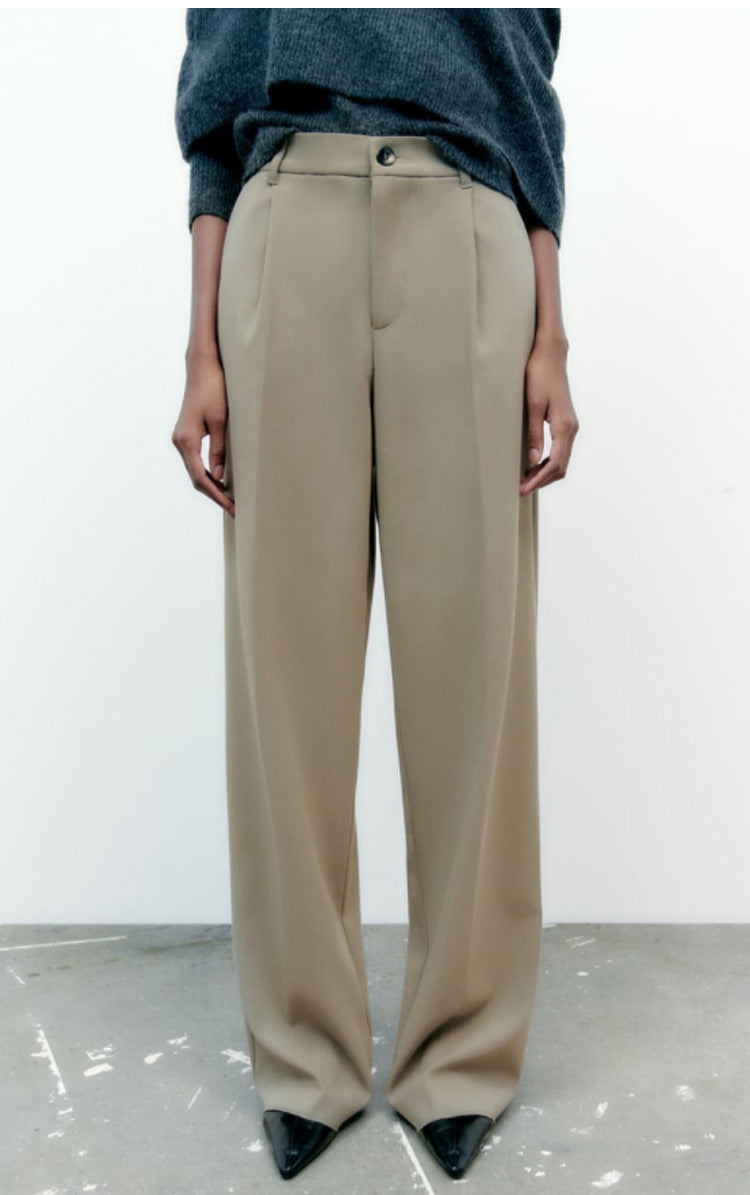 Casual Zipper And Button Closure Front Pleated Design High Waist Trousers