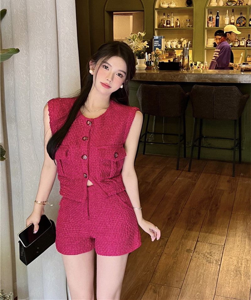 Rose Red Thin Sleeveless Waistcoat With Short Vest