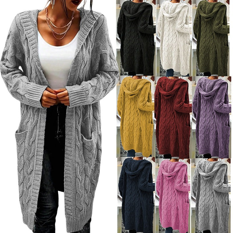 Long Knitted Plus-size Solid-color Sweater With Long Sleeves And Pockets
