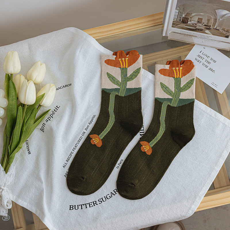 Women's Vintage Small Flower Mid-calf Ins Pure Cotton Breathable Socks