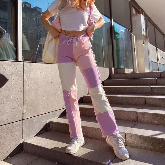 High-rise colorblock slim-fit straight-leg jeans