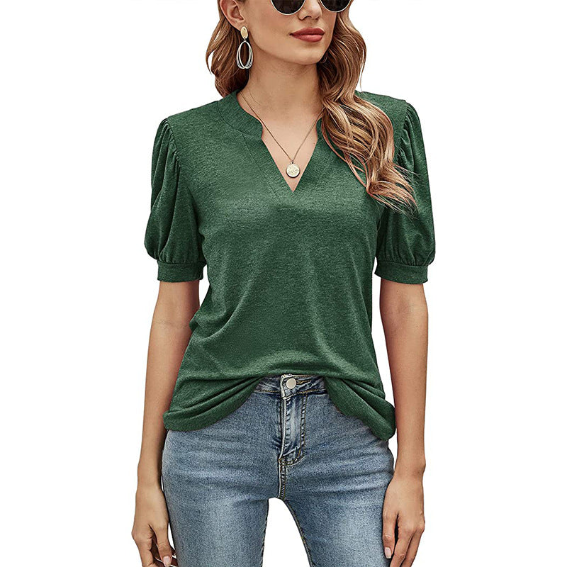 Women's New Casual V-neck Puff Sleeve Loose T-shirt Women