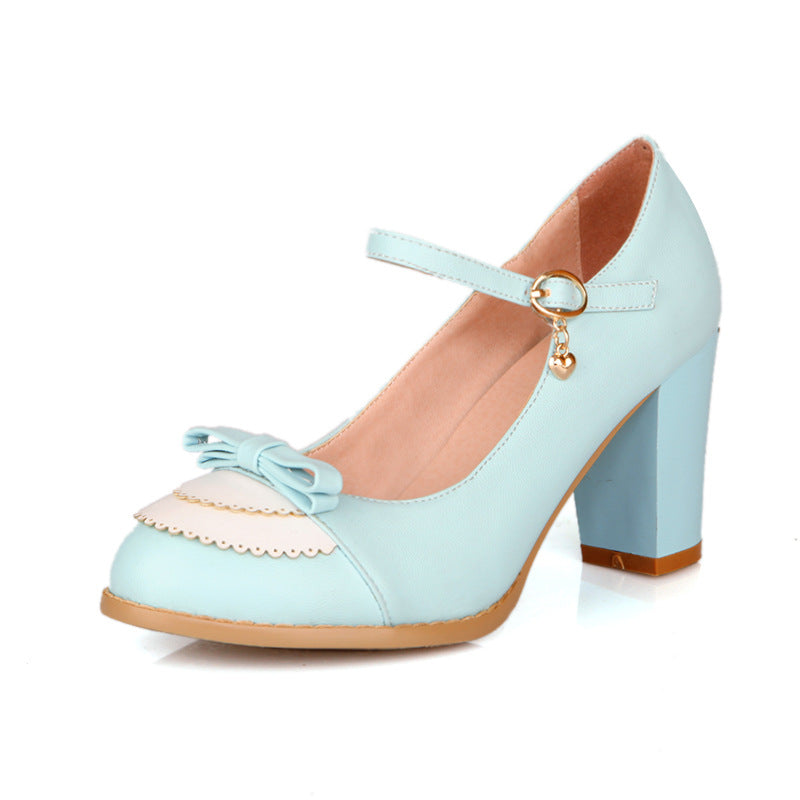 Bowknot Buckle Thick High Heeled Shoes Women's Shoes