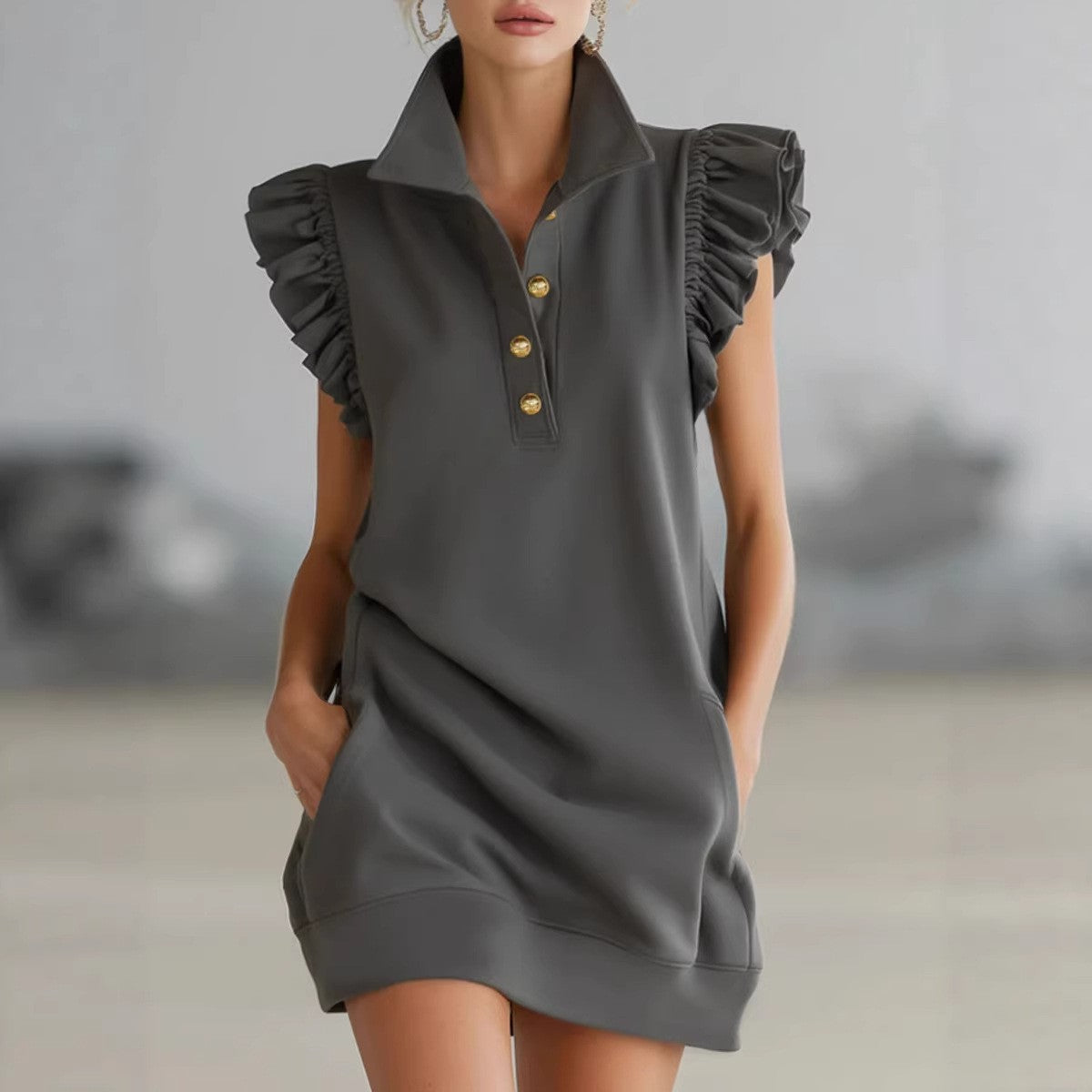Womens V-neck Dress With Lotus-leaf Sleeves