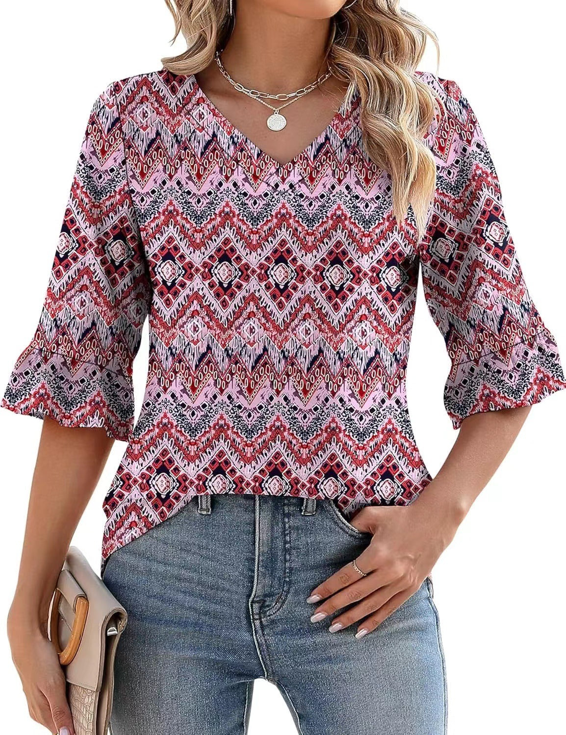 Women's Printed Hollow Ruffle Sleeve Casual Short-sleeved Top