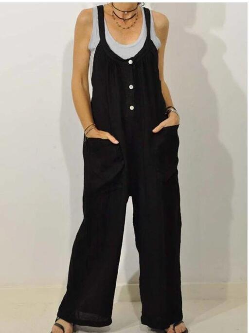 Pocket Solid Color Elastic Button Romper