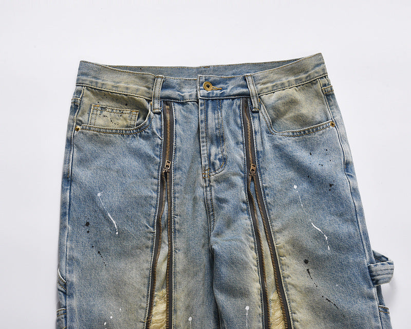 High Street Trendy Brand Long Zipper Split Burnt Out Speckled Ink Jeans