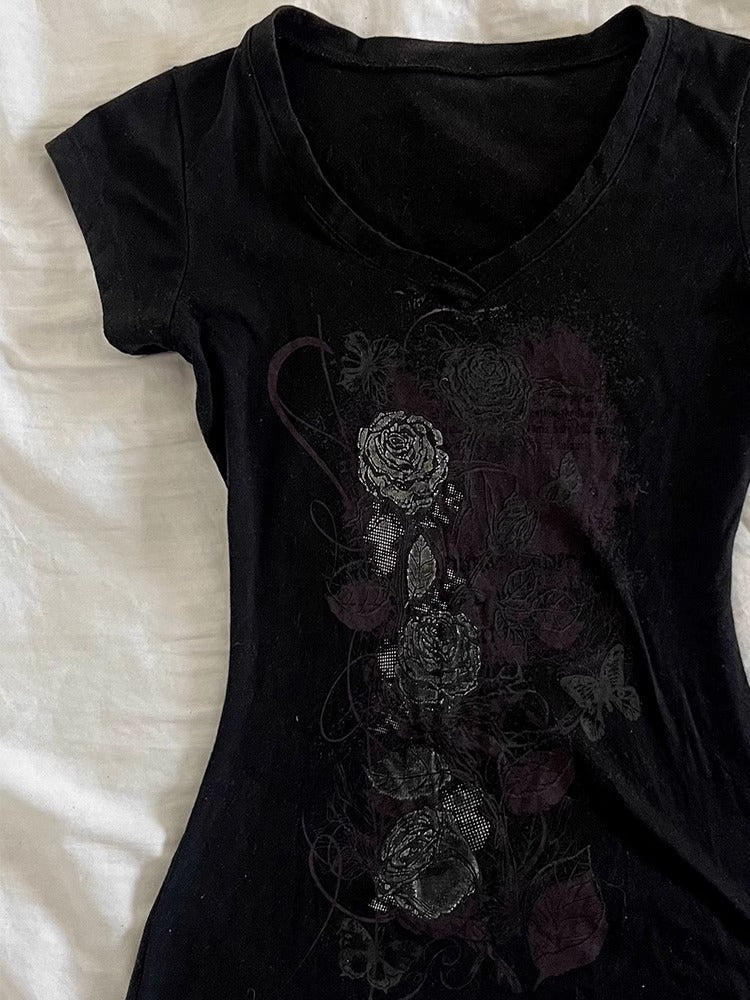 Printed Straight-shoulder Short-sleeve T-shirt With A Fitted Waist