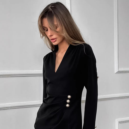 Pearl-button V-neck Long-sleeve Elegant Waist-cinched Dress